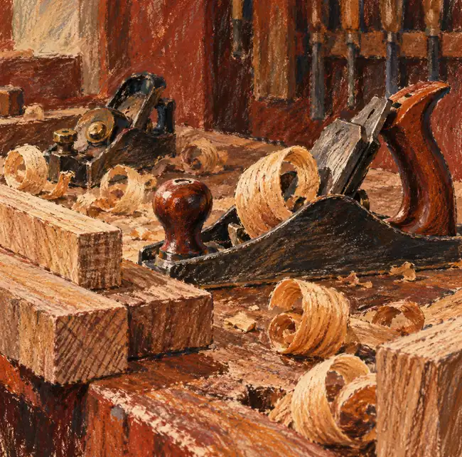 Illustration of woodworking businesses equipment and workspace